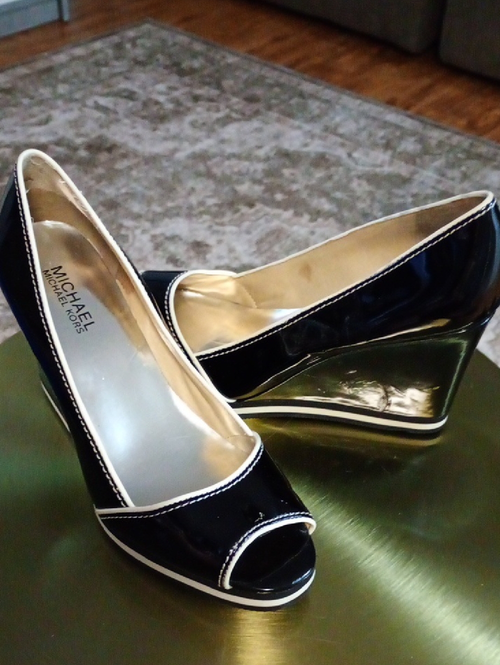 MICHAEL Michael Kors Black Patent Peep-Toe Wedge with Gold-Tone Platform